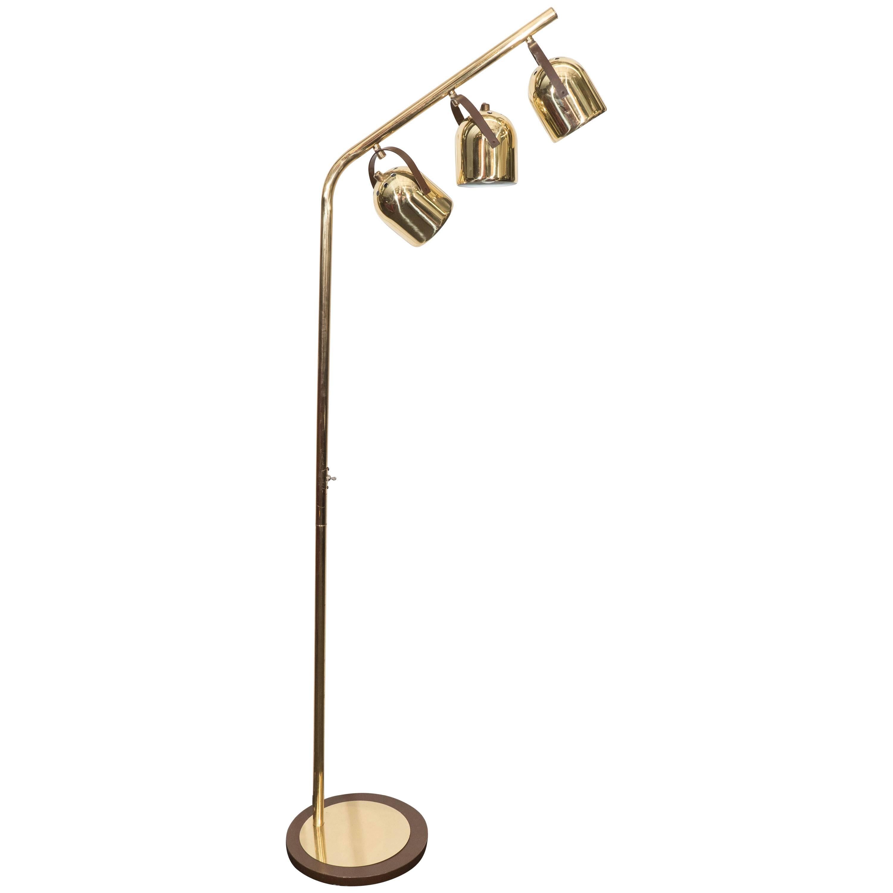 Mid-Century Koch and Lowy Brass Floor Lamp with Three Pivoting Heads For Sale