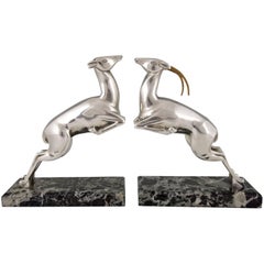 Marcel Bouraine French Art Deco Silvered Bronze Deer Bookends 1930 France