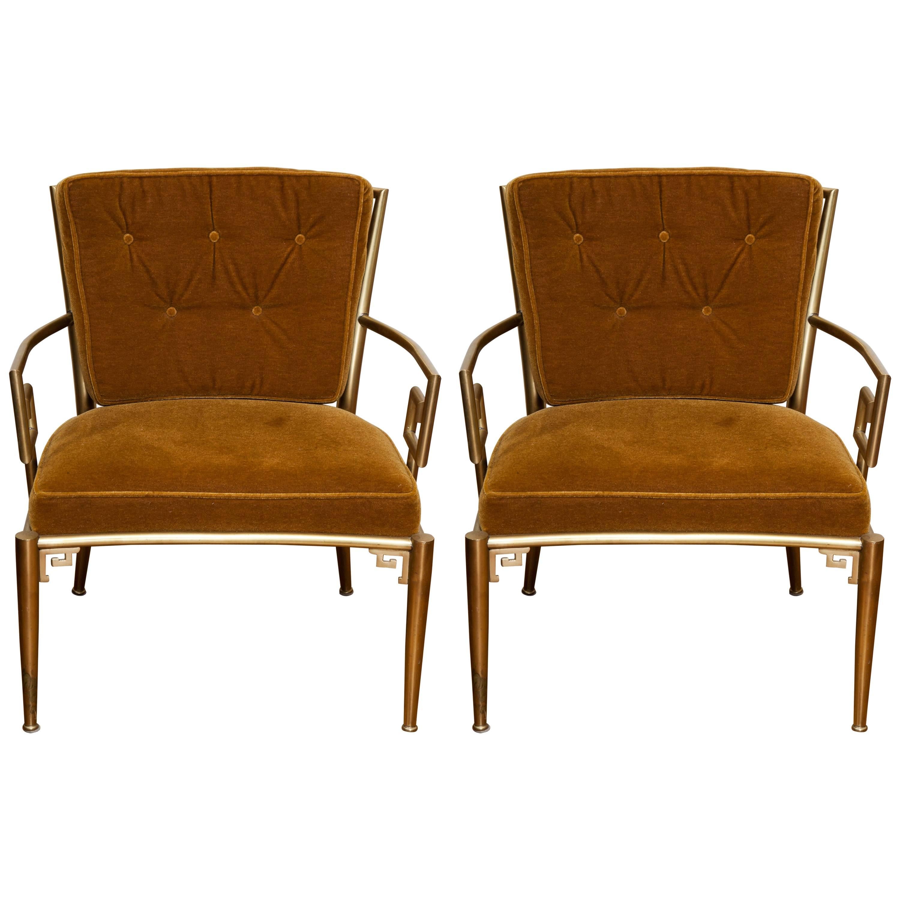 Pair of Jansen-Style Brass Greek Key Armchairs with Velvet Cushions