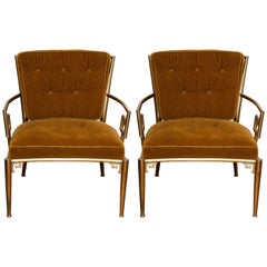 Pair of Jansen-Style Brass Greek Key Armchairs with Velvet Cushions