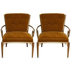 Pair of Jansen-Style Brass Greek Key Armchairs with Velvet Cushions 2