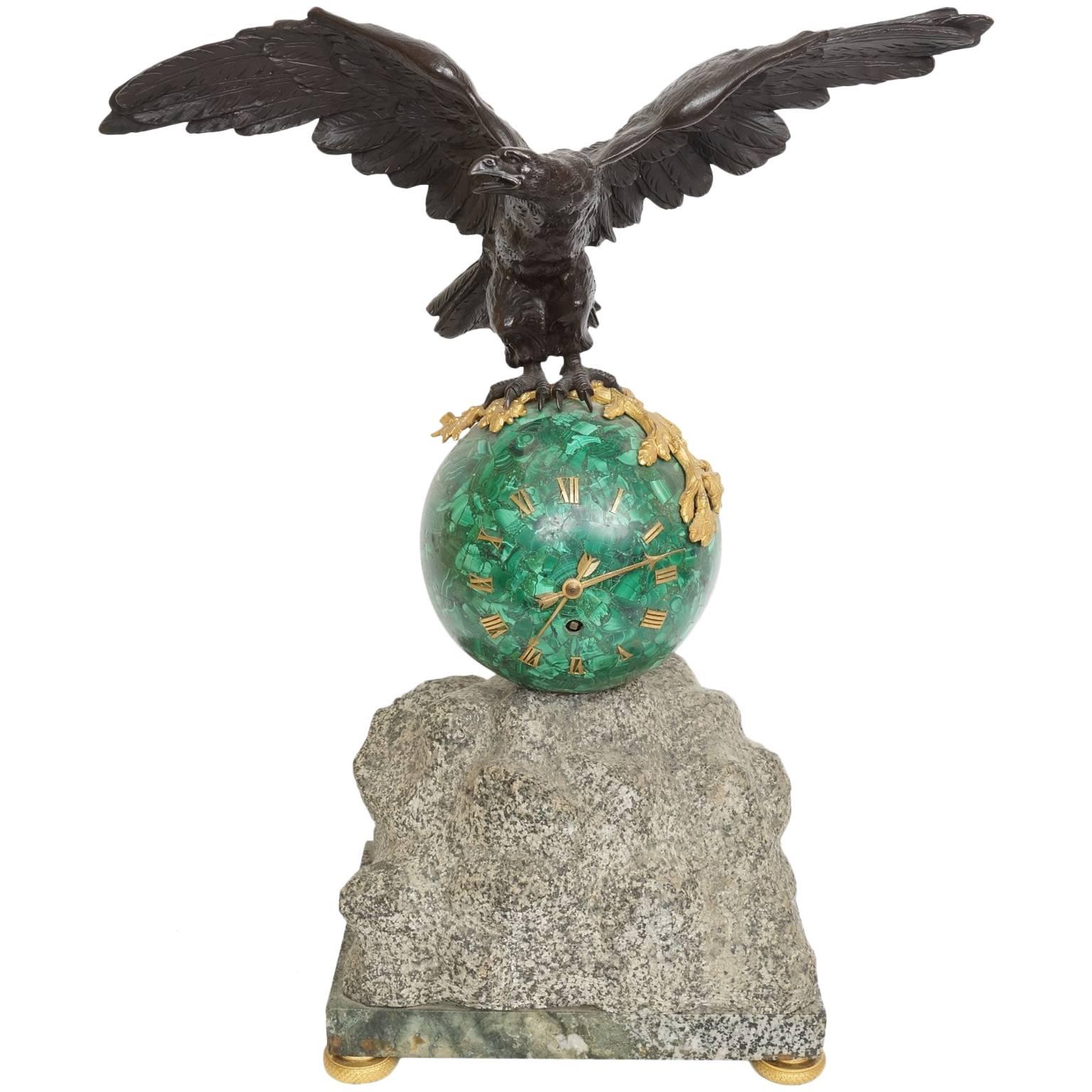 Important Patinated Bronze and Malachite Stone and Marble Mantel Clock