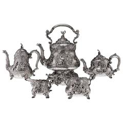 Antique Victorian Solid Silver Five-Piece Teniers Tea and Coffee Set, John Figg