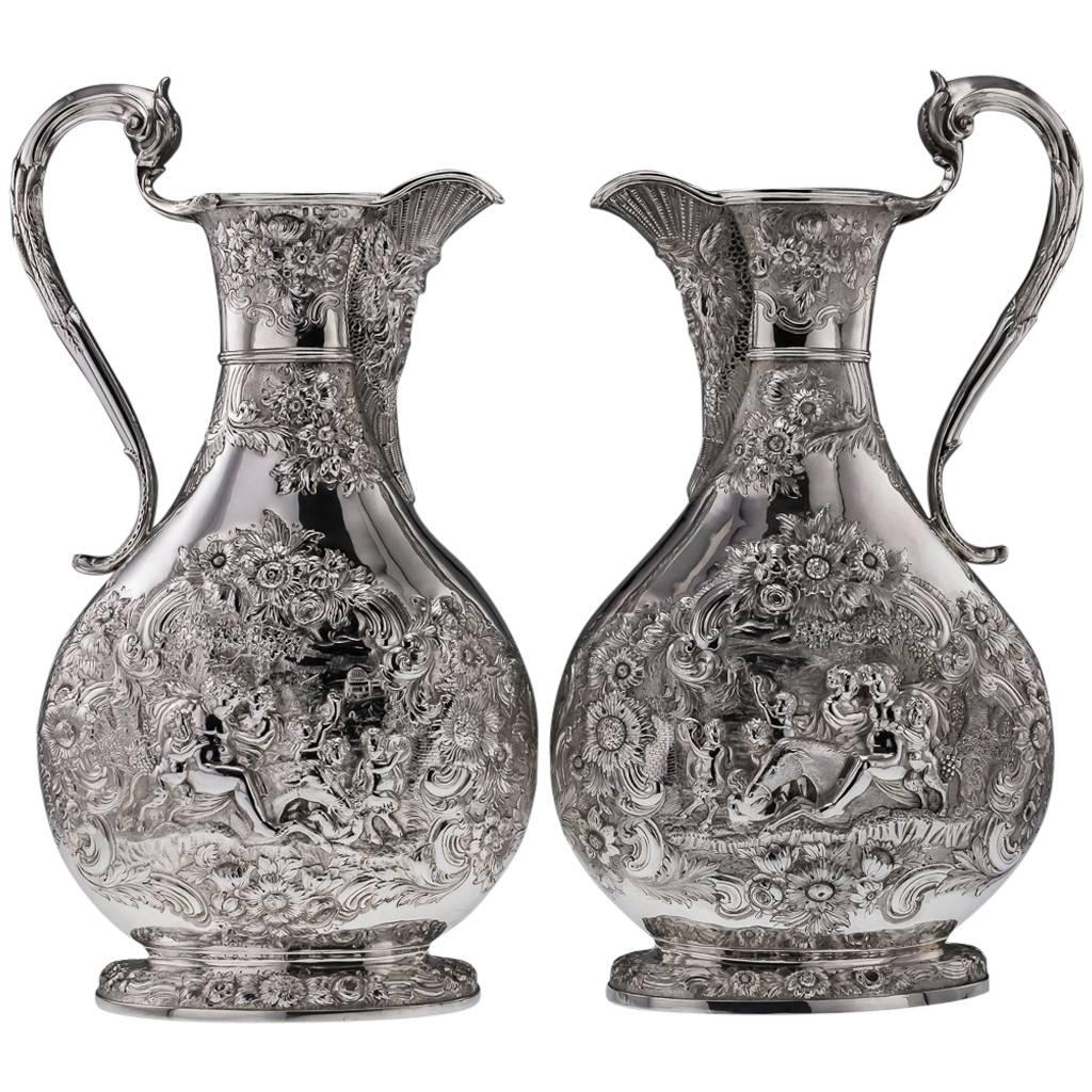 Antique Victorian Solid Silver Pair of Massive Beer Jugs or Flagons, circa 1838
