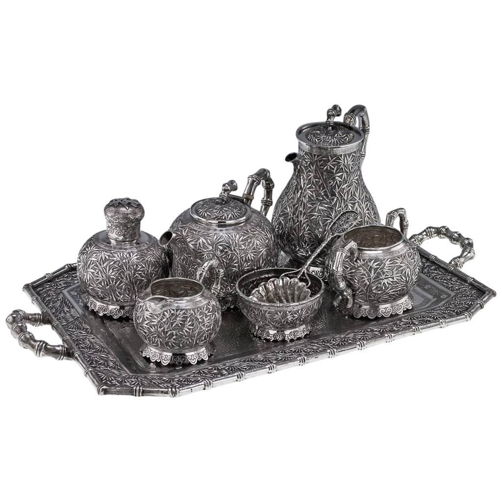 Antique Chinese Export Tu Mao Xing Solid Silver Seven-Piece Tea Set on Tray