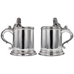 Antique Pair of Edwardian Solid Silver Massive Tankards, Lambert, circa 1909-12