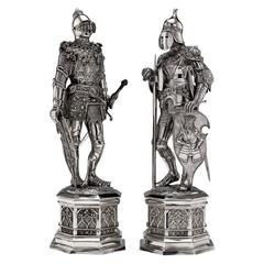 Antique German Solid Silver Pair of Massive Knight Figures, Hanau, circa 1900