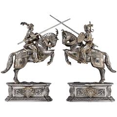 Antique German Solid Silver Pair of Huge Knight Horseman Figures, circa 1920