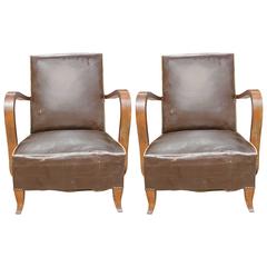 Pair of French Art Deco Walnut Club Chairs, circa 1940s