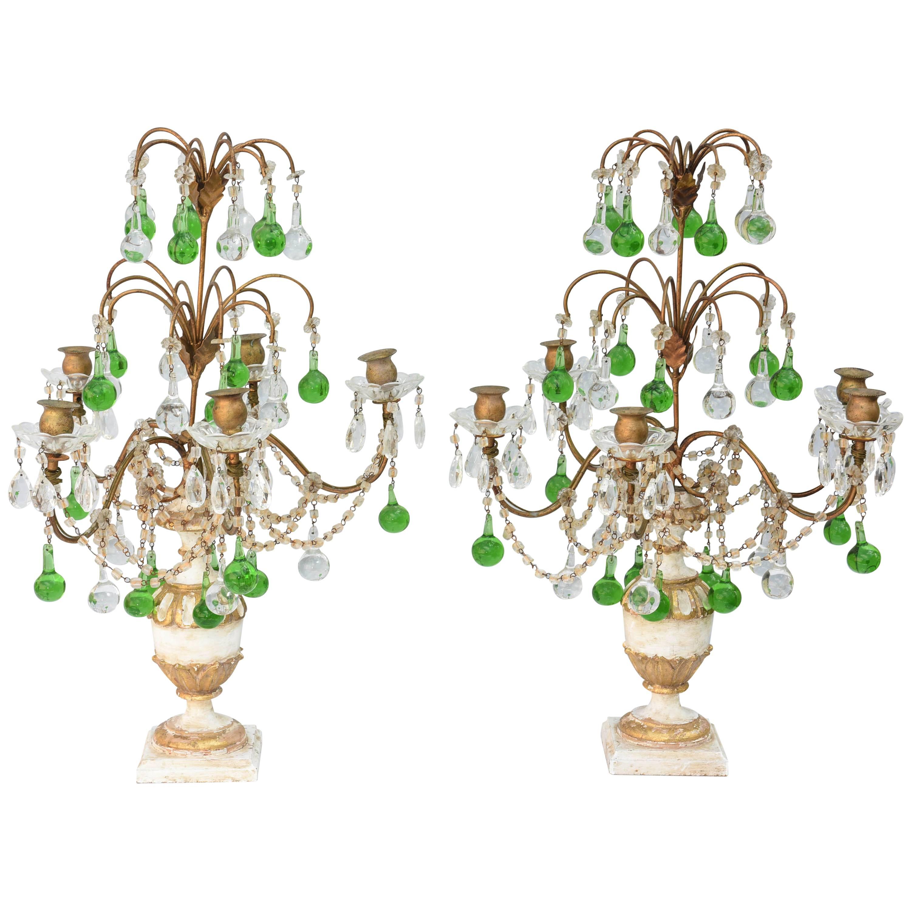 Pair of Italian Girandoles Decorated with Emerald Colored Crystal Drops For Sale