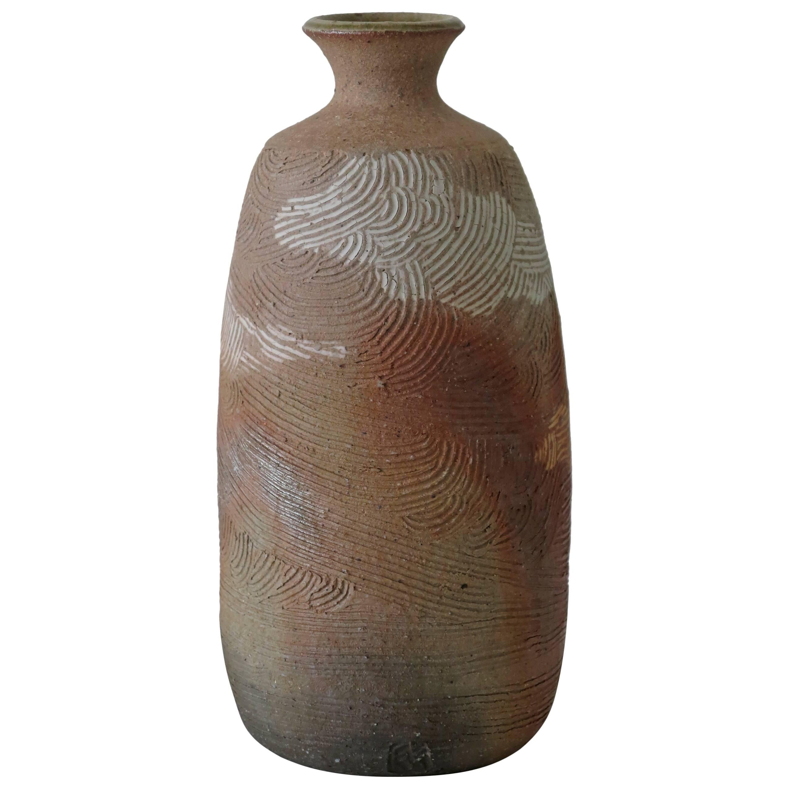 Japanese Incised Art Pottery Vase, Chop Mark For Sale