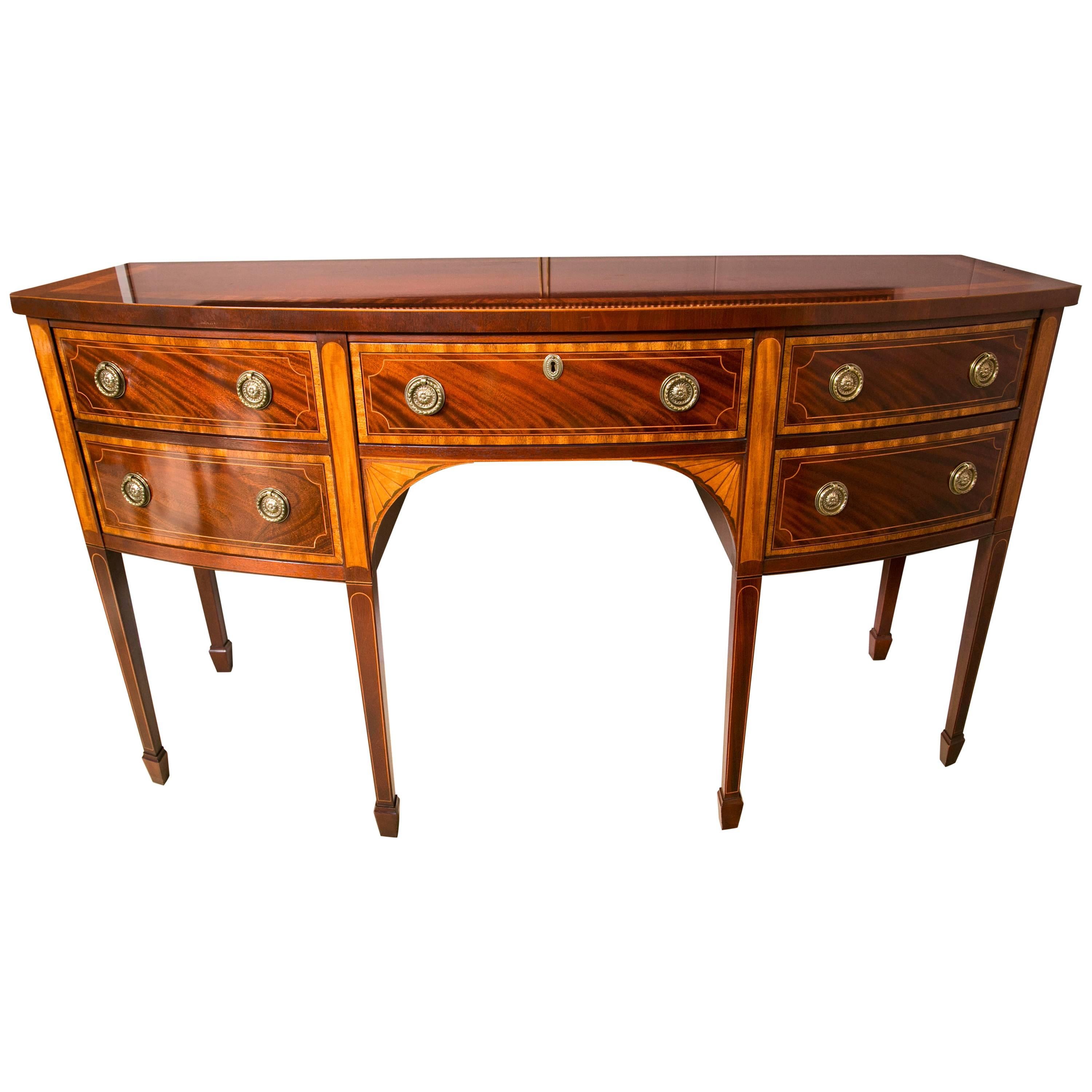 Mahogany and Satinwood Inlaid Bowfront Sideboard by Baker Historic Collection