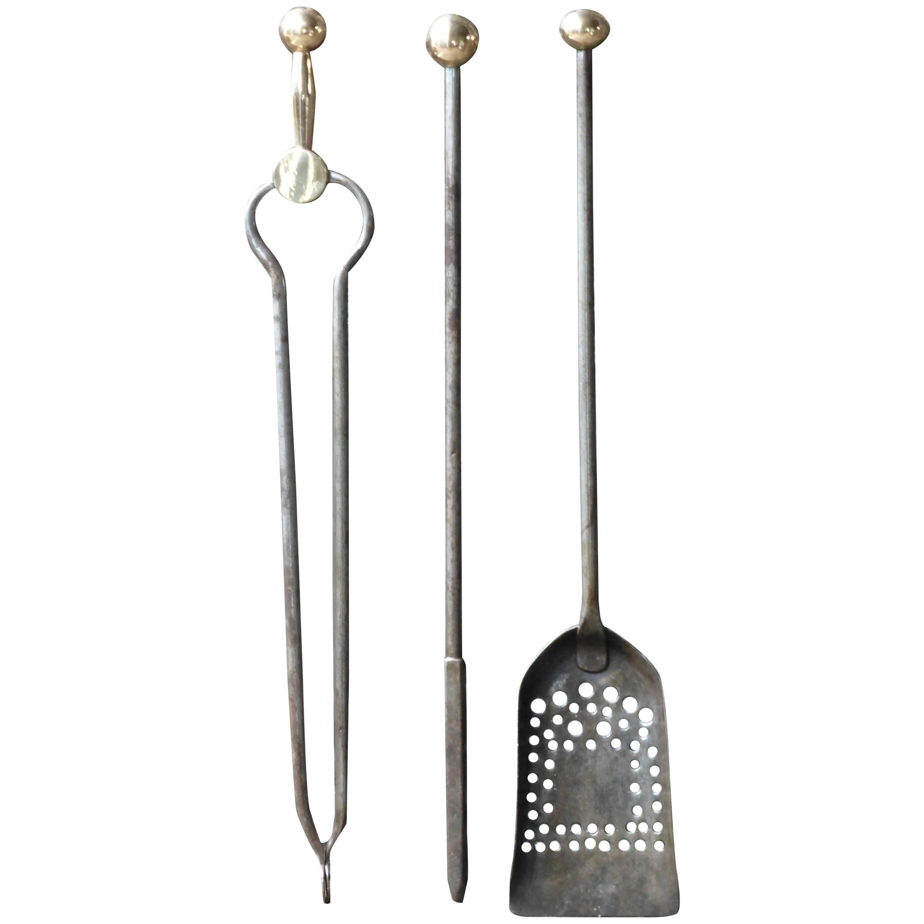 Polished Steel and Bronze Fireplace Tool Set For Sale