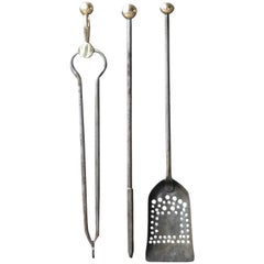 Antique Polished Steel and Bronze Fireplace Tool Set