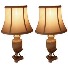 Fine Pair of French Empire Gilt Bronze and Onyx Table Lamps