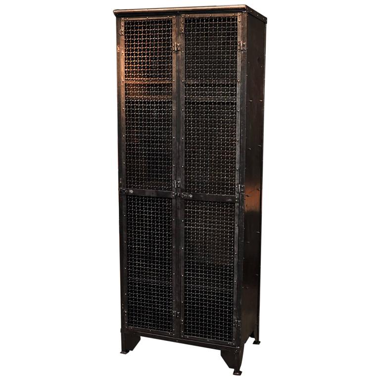 Industrial 1900s French Iron Bookcase or with Two Mesh Doors at