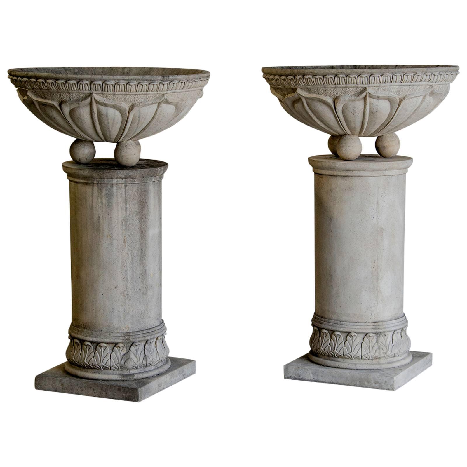 Pair of Vintage French Circular Basins Atop Columns, Relief Decoration