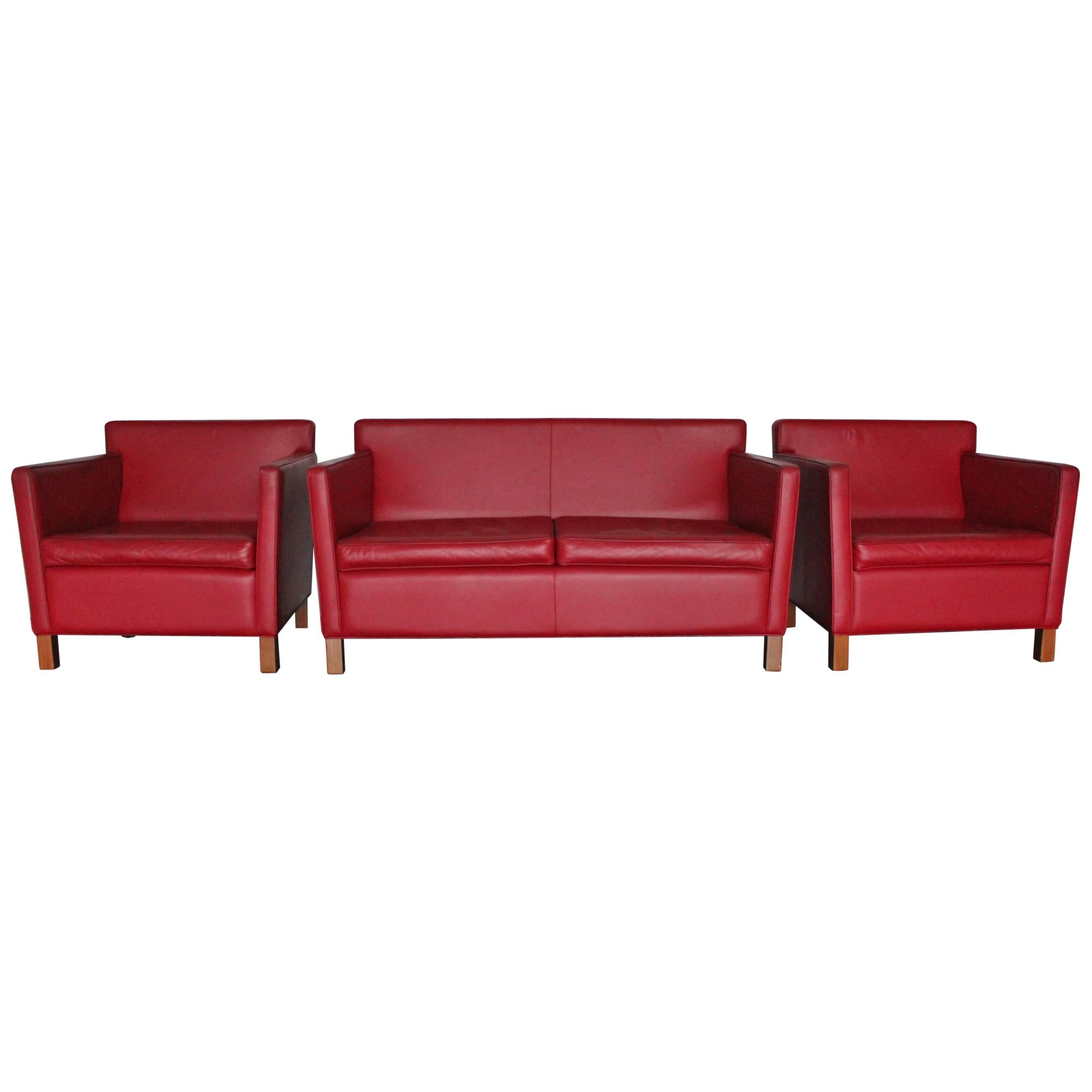 Knoll Studio "Krefeld" Sofa and Armchairs in Red Leather by Mies Van Der Rohe