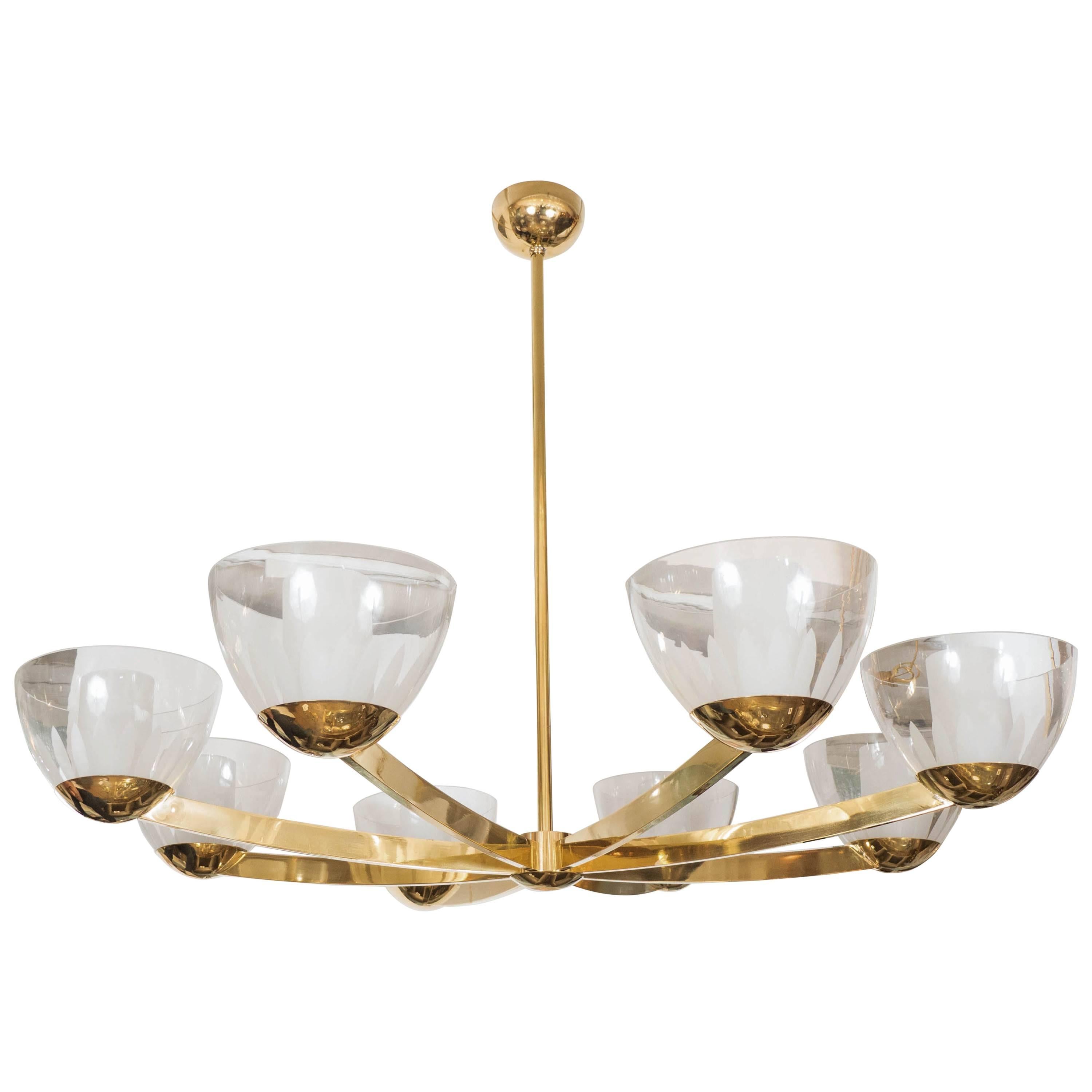 Eight-Arm Brass Chandelier with Clear Glass Bobeches