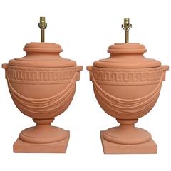 Pair of Large-Scaled Neoclassical Style Terra Cotta, Urn-Shaped Table Lamps