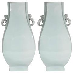 Pair of Chinese Hu Form Celadon Ceramic Vases with Scrolling Cloud Handles