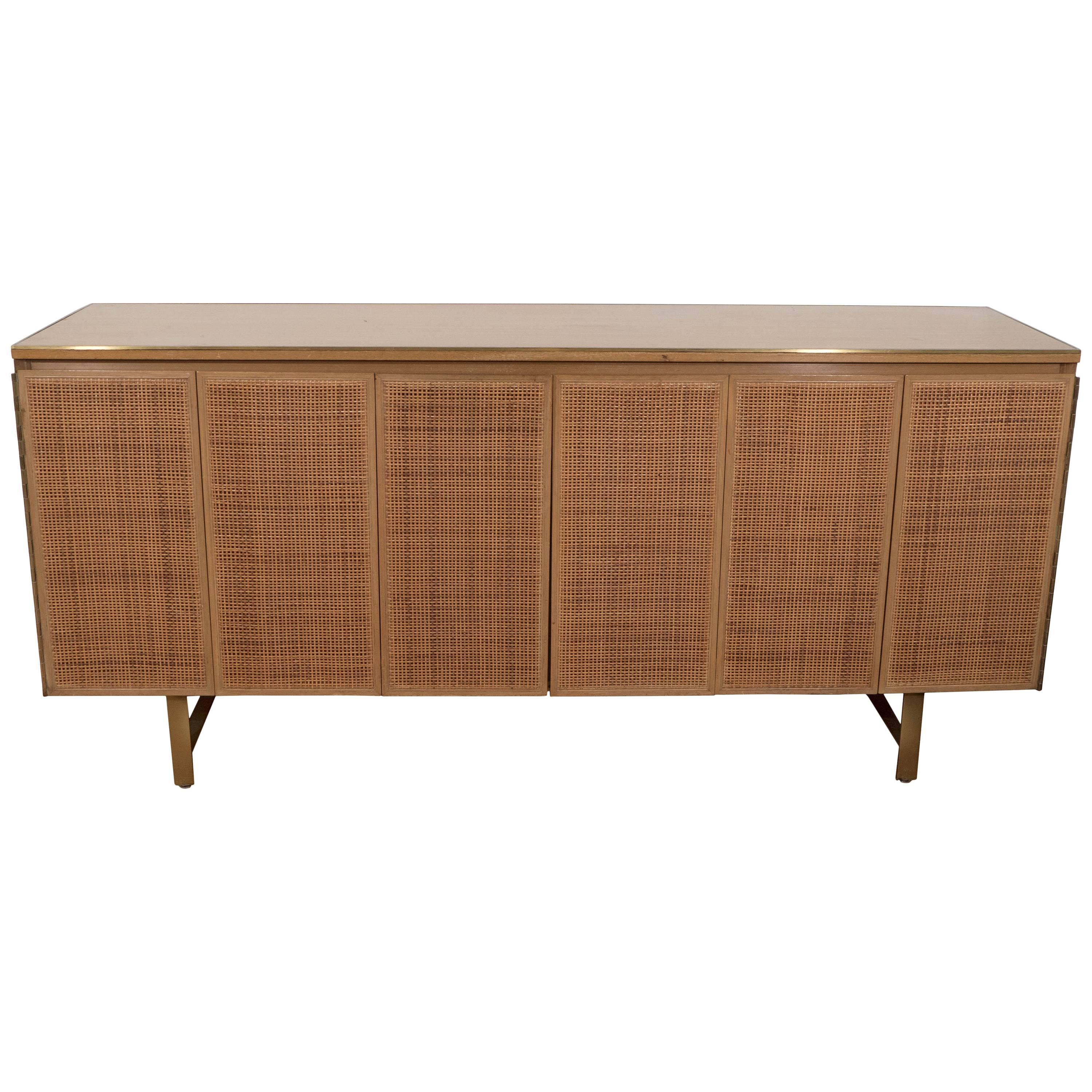 Paul McCobb Cane Front Credenza in Wood and Brass for Calvin