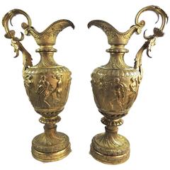 Antique Pair of Large Mounted Neoclassical Gilt Bronze Decorative Ewers, circa 1890