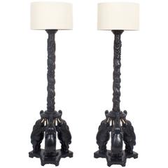 Pair of Hand-Carved Hardwood Elephant Floor Lamps