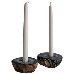 Pair of Black Onyx Geode Candle Holders