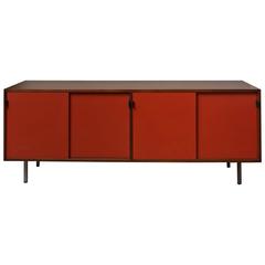 Florence Knoll Four-Door Credenza with Leather Pulls and Red Lacquered Doors