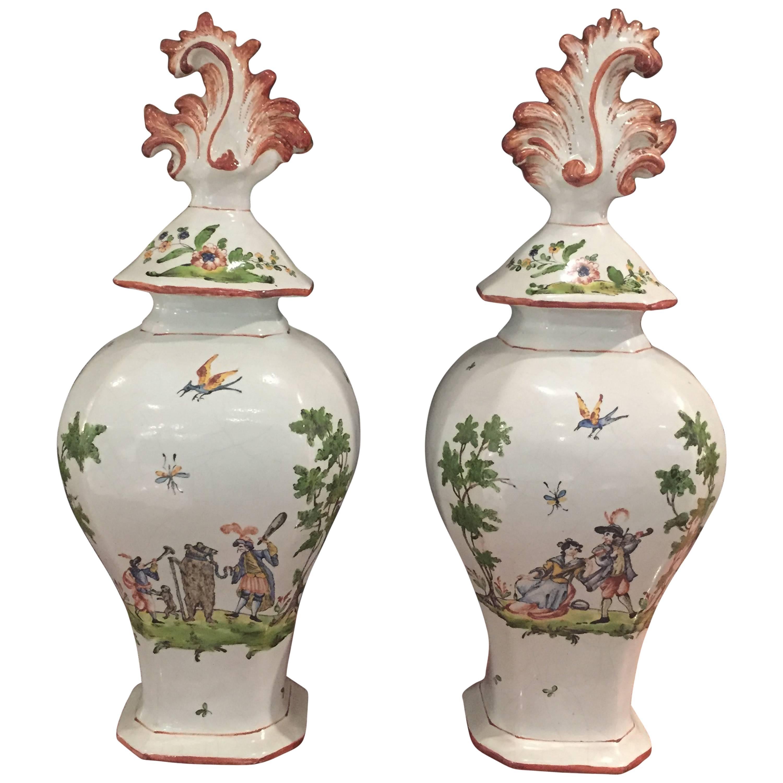 Pair of Italian Faience Covered Vases of Baluster Form with Charming Scenes For Sale