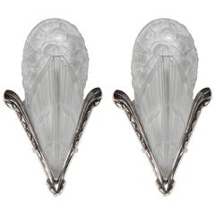 Pair of Gorgeous French Art Deco Relief Glass Sconces by Degue with Bouquet Moti