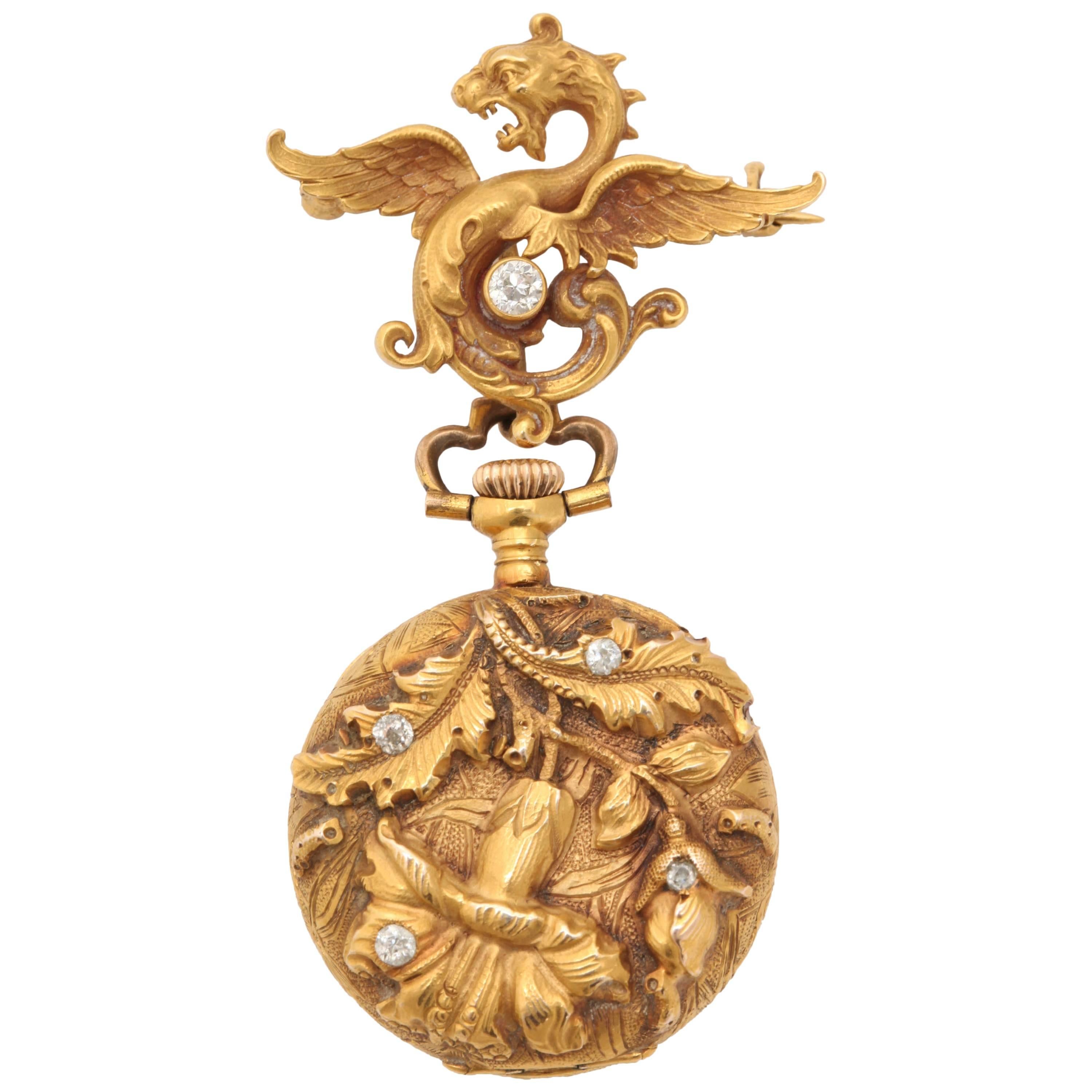 Art Nouveau 18k Gold and Diamond Pendant Watch