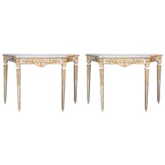 Console Tables Pair Parcel-Gilt and White Painted Italian Neoclassical Style 