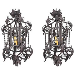 Large Scaled Pair Spanish Colonial Style Three-Light Wrought Iron Chandeliers