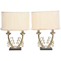 Pair of Art Deco Table Lamps in Brass and Silver with Shades, France, 1920s