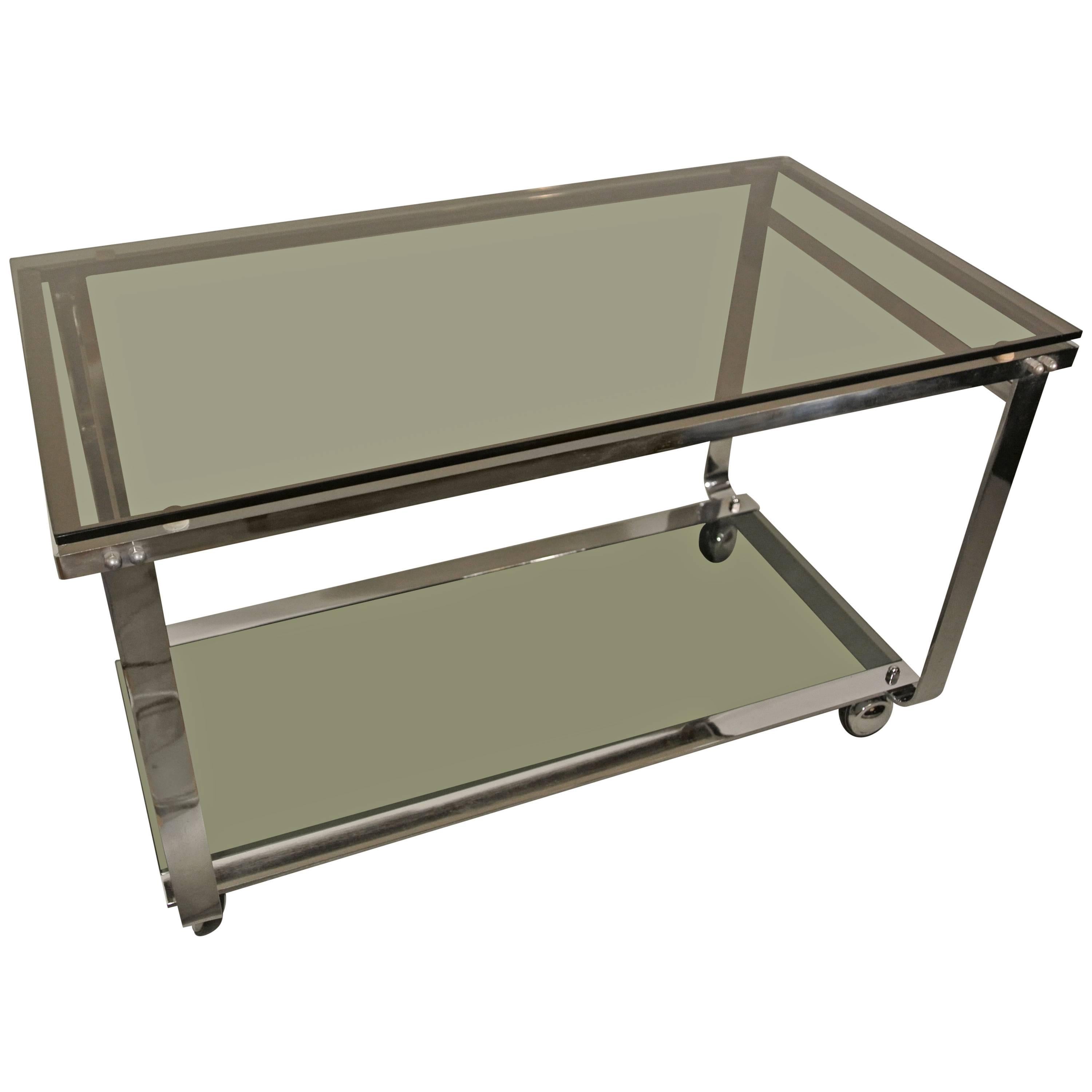 Mid-Century Chrome Dessert or Bar Cart on Wheels with Tinted Glass, circa 1970