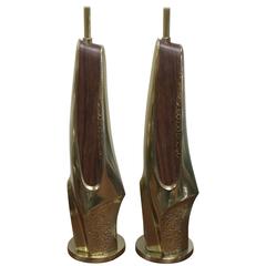 Pair of Brutalist Brass and Wood Veneer Lamps by Laurel Pair of Brutalist Brass and Wood Veneer Lamps by Laurel