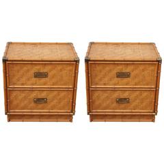 1950 Rattan Wrapped Bamboo Brass Framed Two-Drawer Geometric Nightstands