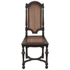 Antique 1890 English Carved Mahogony Side Hall Chair with Stitched Cane Back
