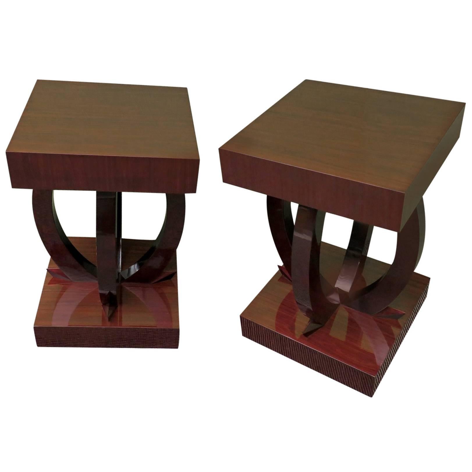 Pair of 1930 Square Mahogany Stained Black Italian Art Deco Side Tables