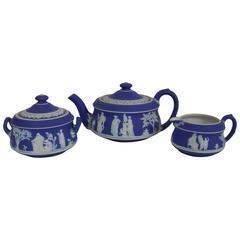 Antique Wedgwood England Jasperware Cobalt Dark Blue Pattern Mini Saint Louis Tea Set