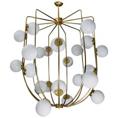 Big Lantern Shaped Brass and Globes Chandelier