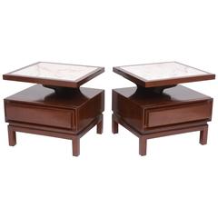 Vintage Pr. of Mid-Century Mahogany & Marble Side Tables, Style of Harvey Probber