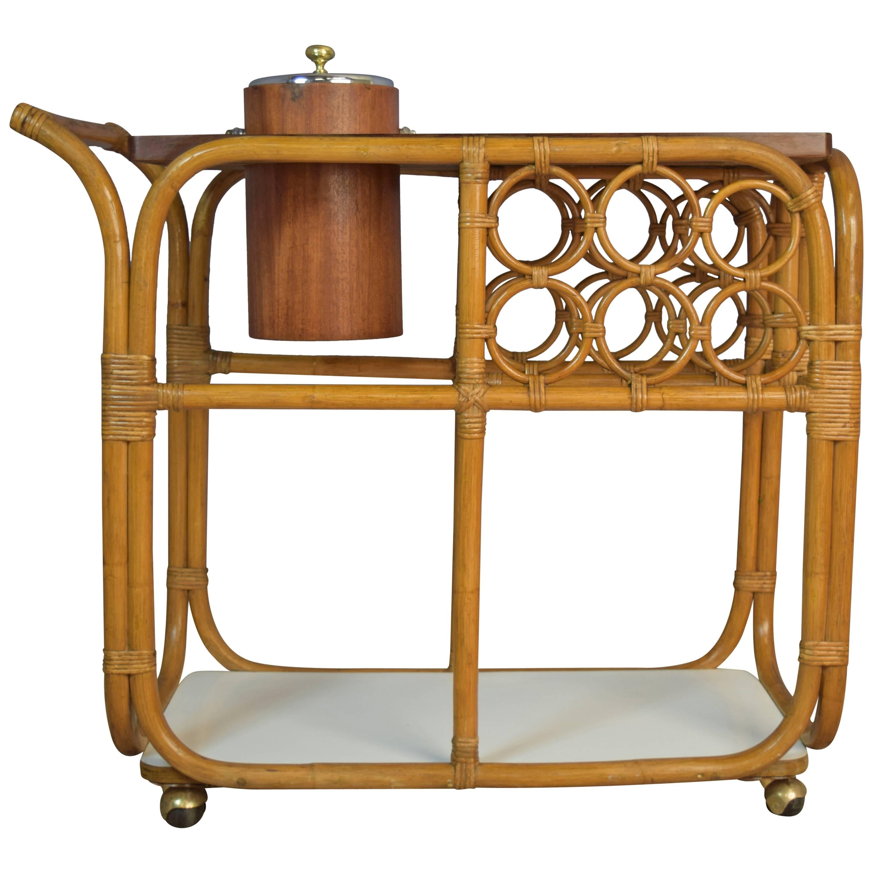 Bar Cart or Server with Ice Bucket in Rattan and Teak, Mid-Century Modern