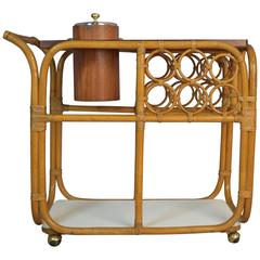 Bar Cart or Server with Ice Bucket in Rattan and Teak, Mid-Century Modern