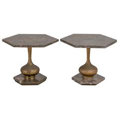 Set of Three Hexagonal Marble and Brass Side Tables, 1960s 5