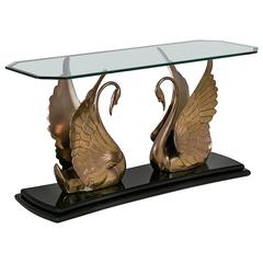 Jet Black Lacquer and Brass Swan Console Table, 1970s