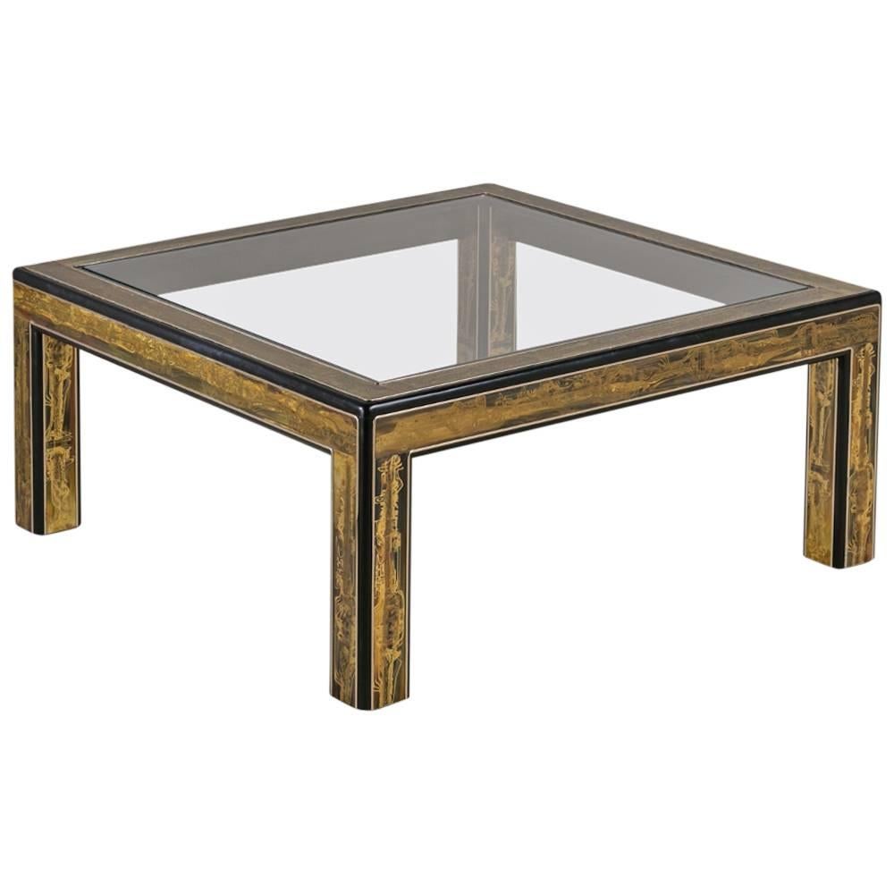 Square Mastercraft Acid Etched Brass and Ebonized Coffee Table For Sale
