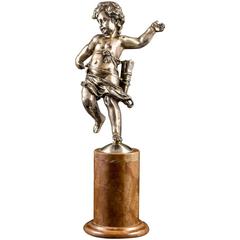 Silvered Bronze Putti Attached to Marble Pedestal Stand